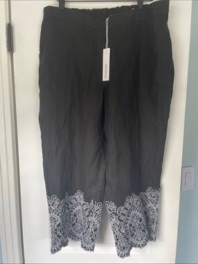Chico's Black Linen Pants with White Eyelet Hem
